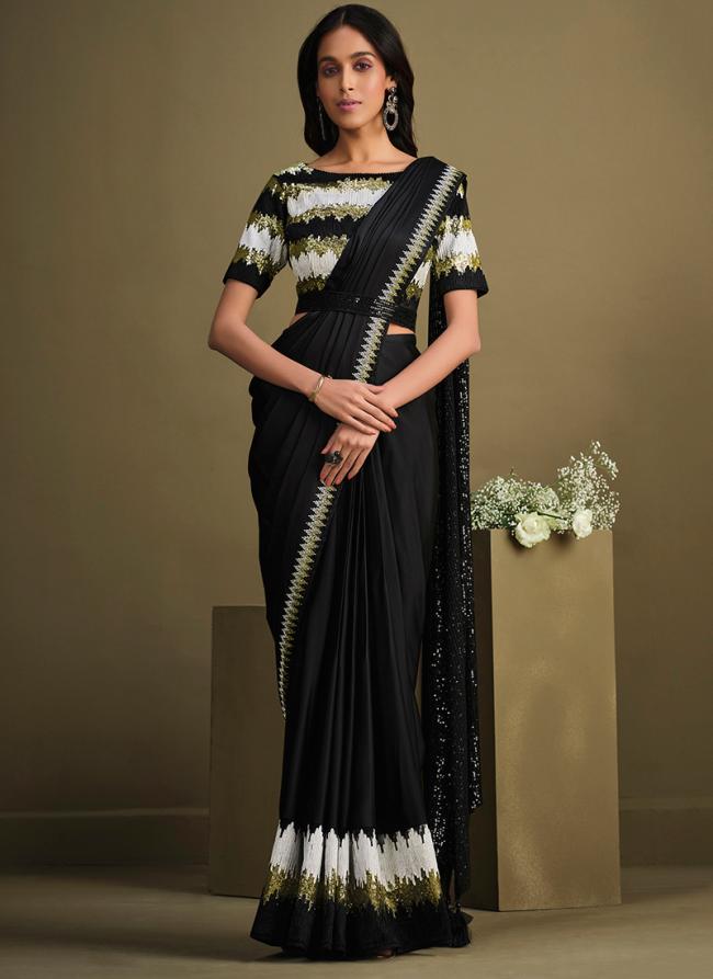 Crepe Silk Black Party Wear Sequins Work Ready To Wear Saree